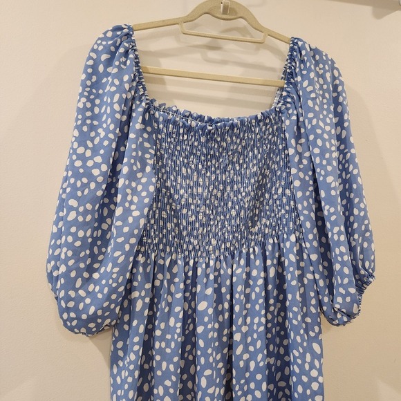 DIA Women's Blue White Smocked Midi Peasant Cottagecore Babydoll  Dress‎ Size L - Picture 2 of 8